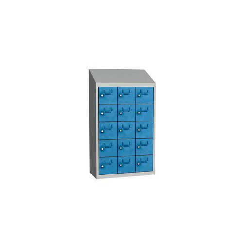 Svařovaná skříň na osobní věci Olaf, 15 boxů, cylindrický zámek, šedá/světle modrá