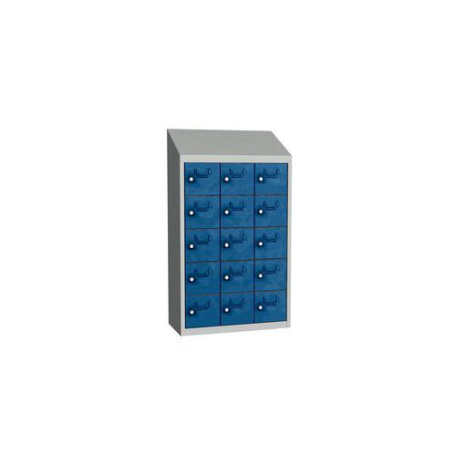 Svařovaná skříň na osobní věci Olaf, 15 boxů, cylindrický zámek, šedá/tmavě modrá
