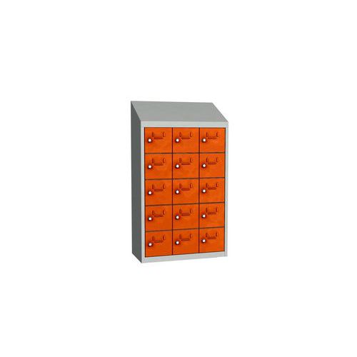 Svařovaná skříň na osobní věci Olaf, 15 boxů, cylindrický zámek, šedá/oranžová