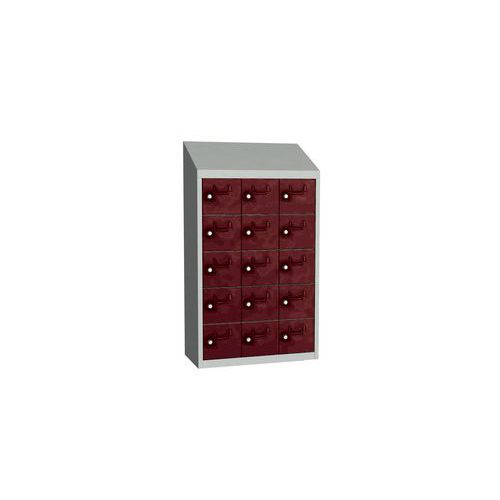 Svařovaná skříň na osobní věci Olaf, 15 boxů, cylindrický zámek, šedá/tmavě červená