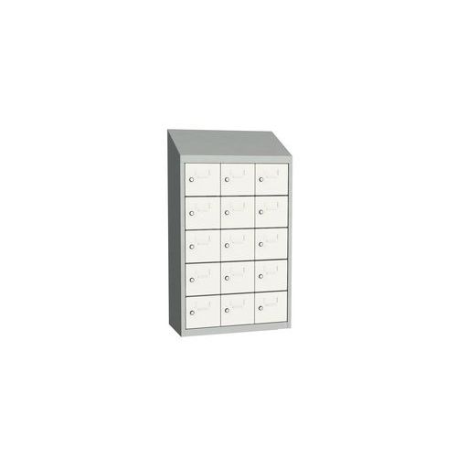Svařovaná skříň na osobní věci Olaf, 15 boxů, cylindrický zámek, šedá/bílá